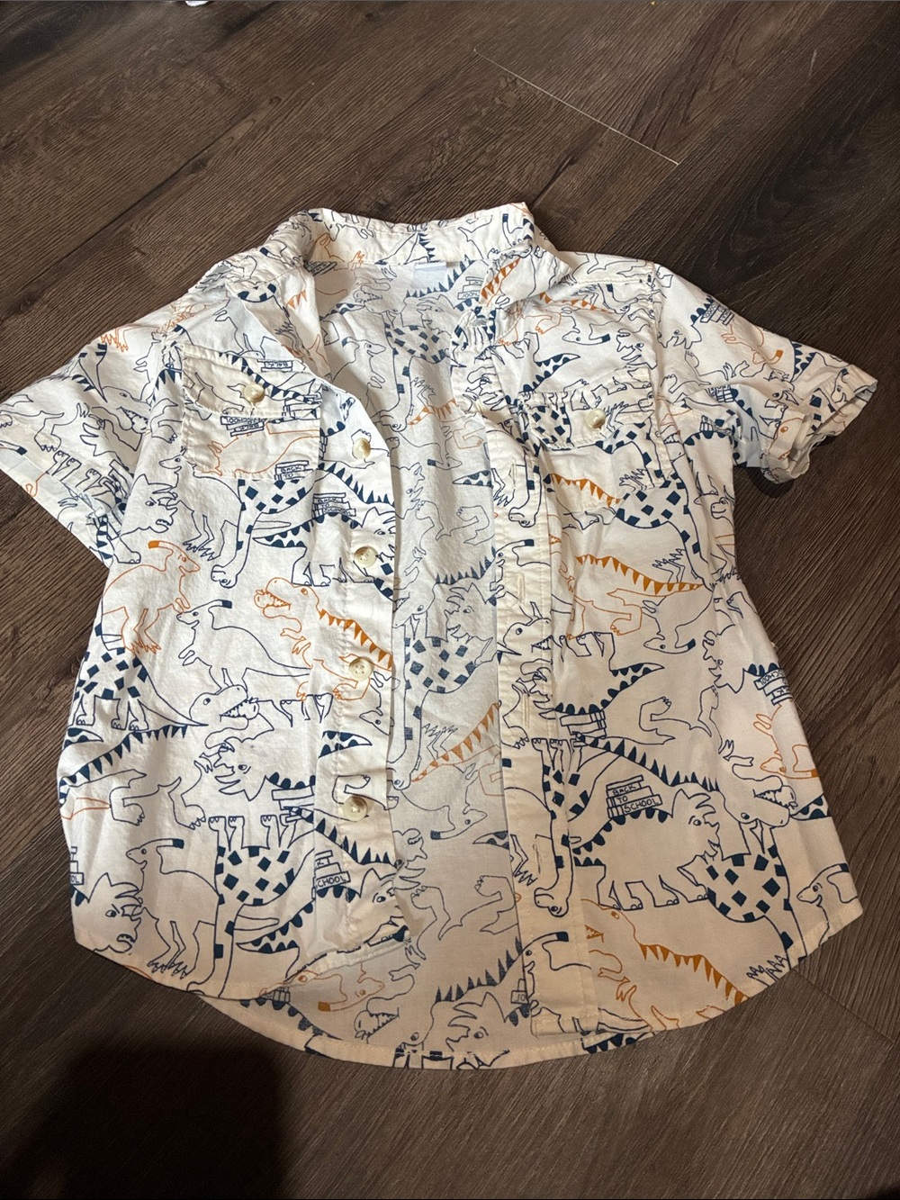 Old Navy White Short Sleeve Button-Up Shirt with Navy & Orange Dinosaur Print